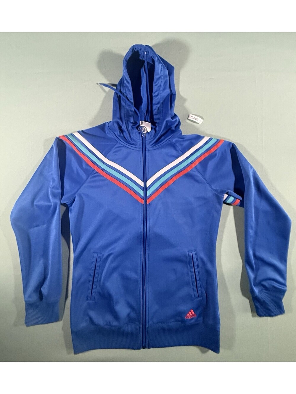 adidas Women’s S Blue Striped Hooded Full Zip Track Jacket Pockets Knit